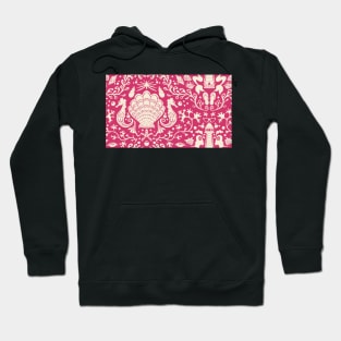 raspberry pink summer beach damask pattern with seashells Hoodie